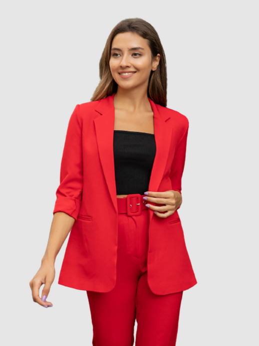 online shop woman in red blazer jacket